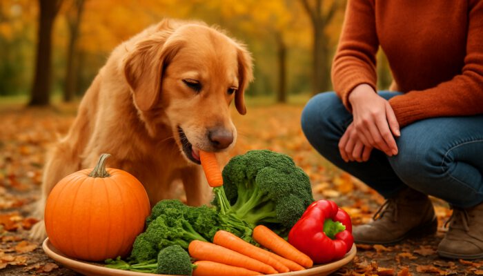 Happy dog enjoying fresh seasonal vegetables in an autumn park with their owner.