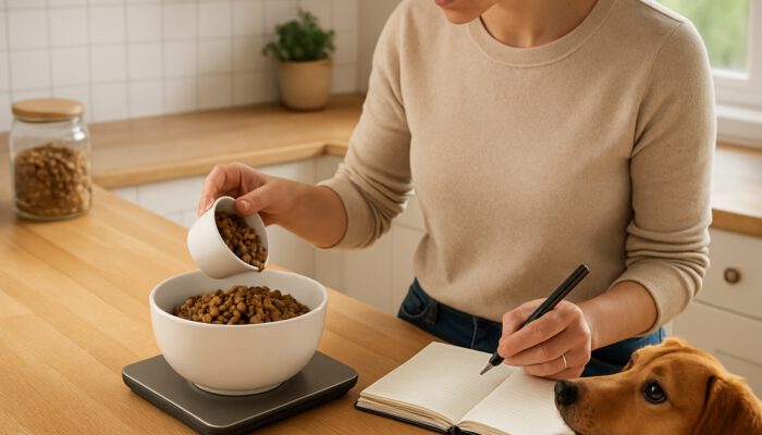 Pet owner measuring dog food with cups and a scale in a sunny kitchen, with dog watching eagerly.