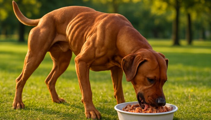 Muscular dog relishing a high-protein meal in a sunlit park after exercise.