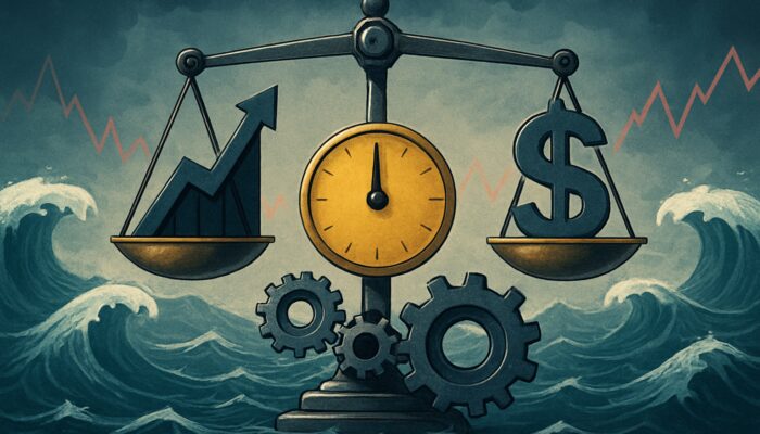 Financial scale balancing the Calmar Ratio amidst stock market waves and gears adjusting for volatility and risk.