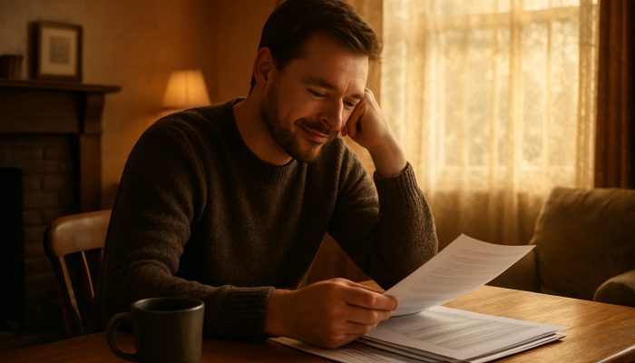 Individual reviewing consolidated debt documents in a comfortable British living room, showing relief and clarity.