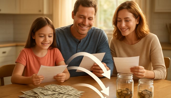 Family consolidating bills into one payment at a sunny kitchen table with savings jars