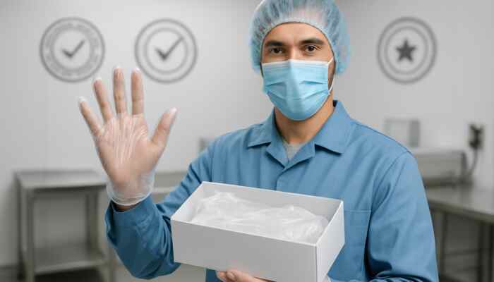 Local supplier in Harrow showcasing certified polythene gloves with UK compliance seals in a sterile hospital environment