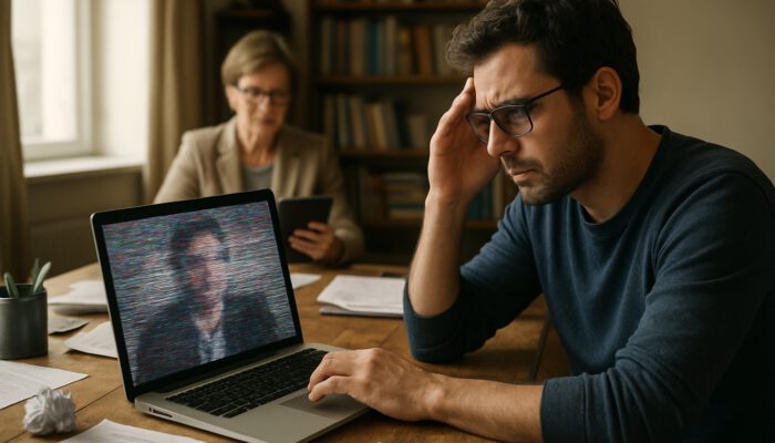 Remote writer encounters challenges during a glitchy video call in a cluttered office, while a supervisor reviews documents on a tablet.