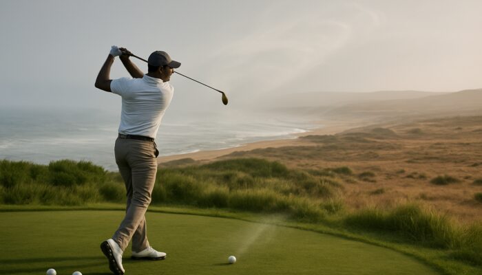 South African golfer selects low-compression balls on the misty Durban coast, contrasting with the Karoo plains and soaring ball in the wind