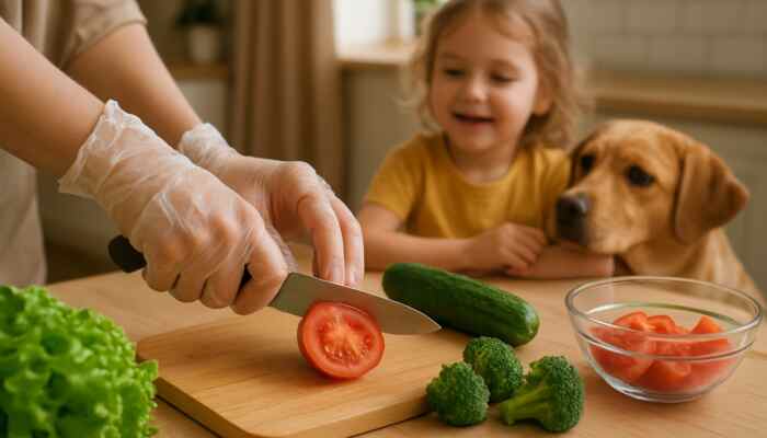 Hands in clear vinyl gloves preparing fresh food in a cosy family kitchen with a child and pet nearby