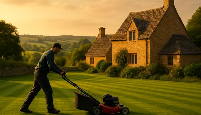 Gardener mowing immaculate lawns next to stone cottages in Haselbury Plucknett countryside