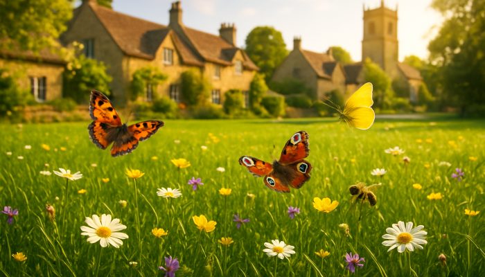 Freshly mowed Haselbury Plucknett lawn adorned with wildflowers, butterflies, and bees under golden sunlight.