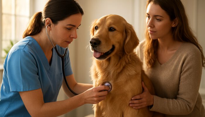 Veterinarian using stethoscope to monitor golden retriever's heart in sunlit clinic with owner watching