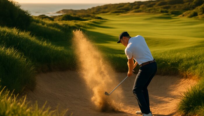 Golfer playing a lob wedge shot from a deep bunker at Gary Player Country Club in South Africa