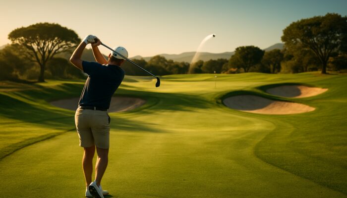 Golfer hitting a precise wedge shot toward a bunkered green on a sunny South African course.