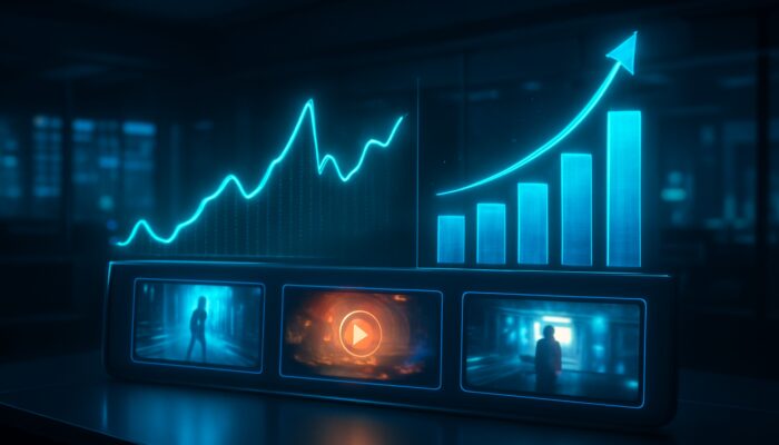 Futuristic dashboard showcasing holographic graphs of real-time video ad click-throughs and conversions.