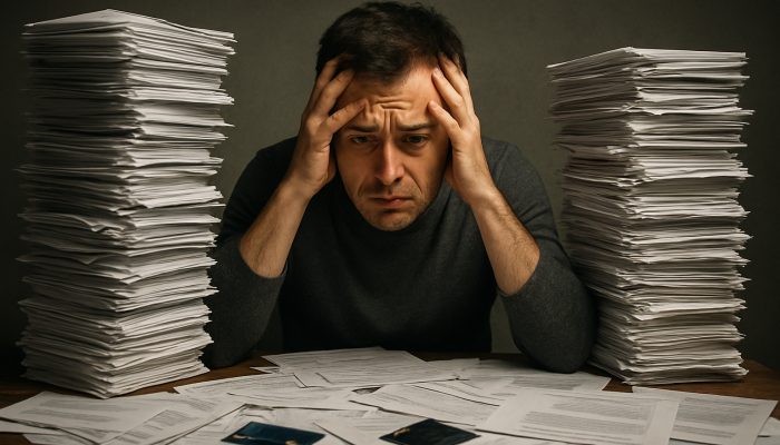 Signs Indicating You Have Excessive Debts: Recognising Key Symptoms | DCL Stressed individual overwhelmed by piles of credit card bills and loan notices on a cluttered table