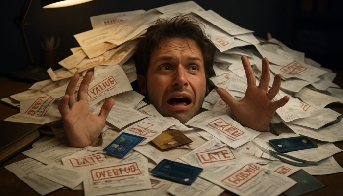 Signs Indicating You Have Excessive Debts: Recognising Key Symptoms | DCL Individual overwhelmed by a chaotic pile of overdue bills and loan documents on a cluttered desk
