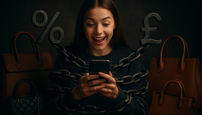 Signs Indicating You Have Excessive Debts: Recognising Key Symptoms | DCL Young shopper in the UK using BNPL on a phone with luxury bags as debt chains tighten.