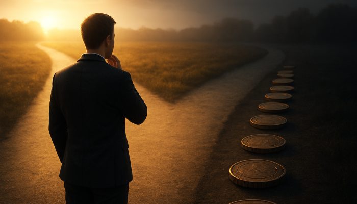 Borrower at glowing crossroads choosing sunlit debt-free path over shadowed interest-laden loan road