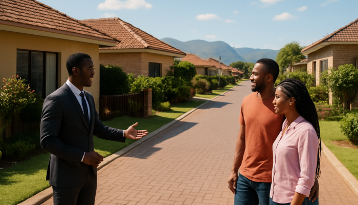 Couple viewing modern homes on a busy Thohoyandou street with a real estate agent under a sunny sky.
