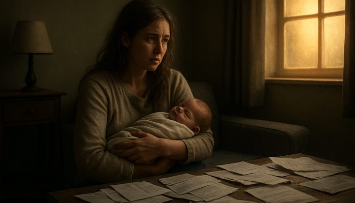 Weary mother cradles newborn amid unpaid bills, gazing at glowing window symbolizing financial fresh start.