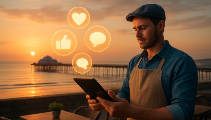 Café owner analyses impressive social media metrics on tablet overlooking Weston-super-Mare pier at sunset