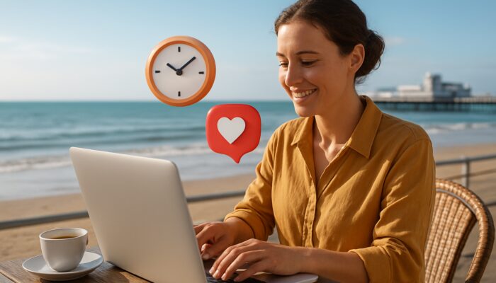 Small business owner coordinating social media posts on laptop at Weston-super-Mare seaside café