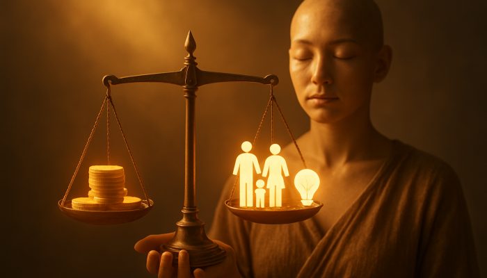Aligning Money Choices With Your Key Values: Practical Advice | DCL Serene figure balancing glowing coins against family, nature, and creativity icons on a golden scale.