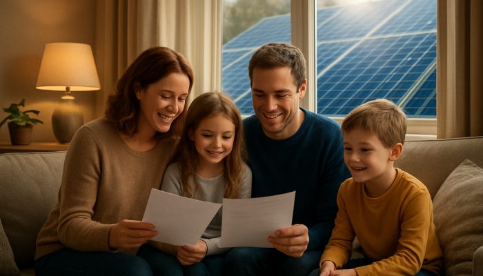 Aligning Money Choices With Your Key Values: Practical Advice | DCL British family reviews renewable energy fund docs in cozy living room with glowing solar panels outside