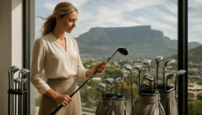 Woman golfer tests custom clubs in breezy Cape Town shop overlooking Table Mountain