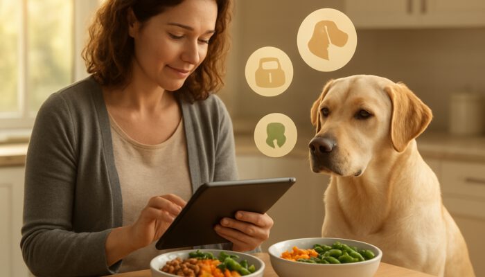 Owner reviewing Labrador health data on a tablet next to tailored nutrition bowls in the kitchen