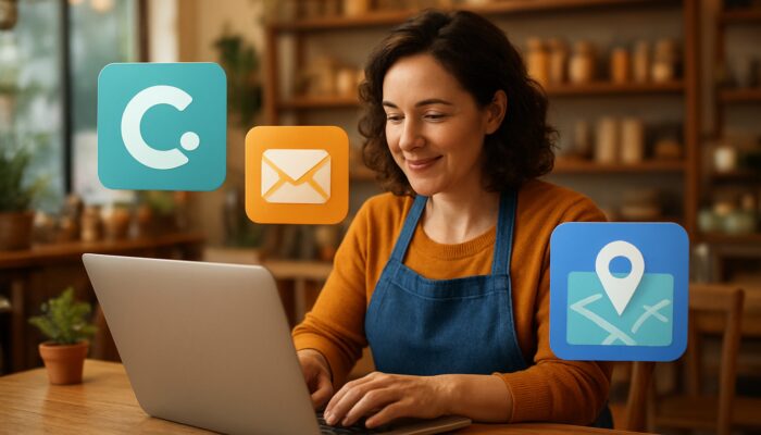Kingswood small business owner designs graphics on laptop with Canva, Mailchimp, and Google My Business icons in cosy shop