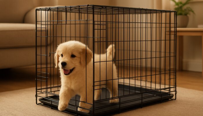 Fluffy puppy happily entering cozy wire crate with smooth sliding doors in warm home.