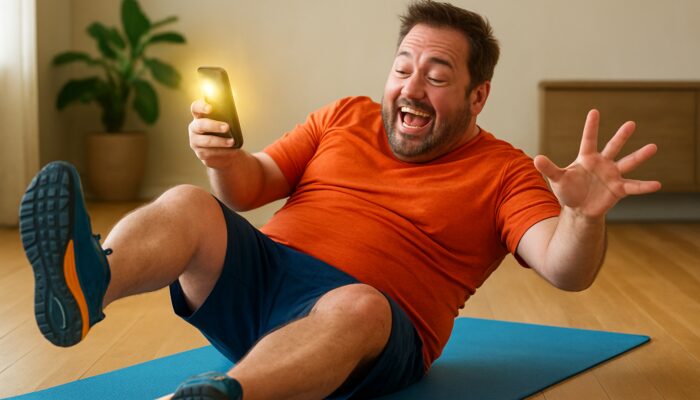 Cartoon fitness enthusiast slips on yoga mat while laughing at fitness app tips