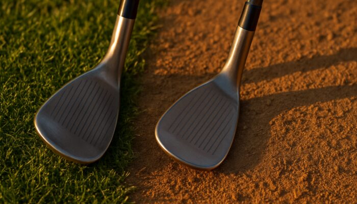 Golf wedges showcasing wide and narrow sole grinds on soft turf versus firm ground under sunlight