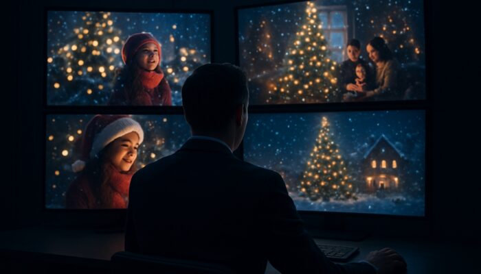 Strategist assessing competitors' festive video campaigns and metrics on glowing screens in a dim room.