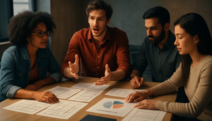 Diverse creative team strategising brand video with storyboards and budget charts in cinematic light