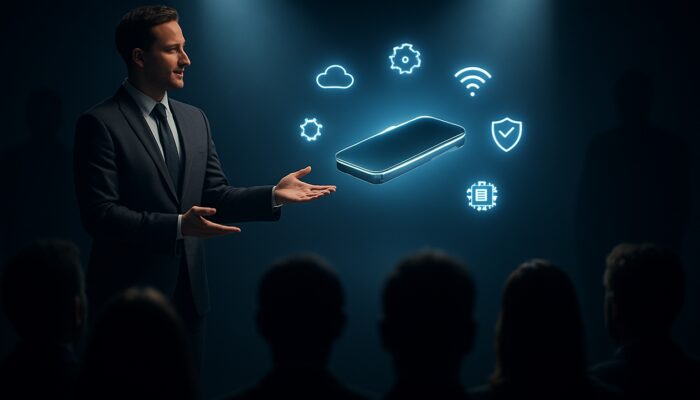 Live product demo of a glowing gadget with tech icons versus shadowy competitors before an audience.