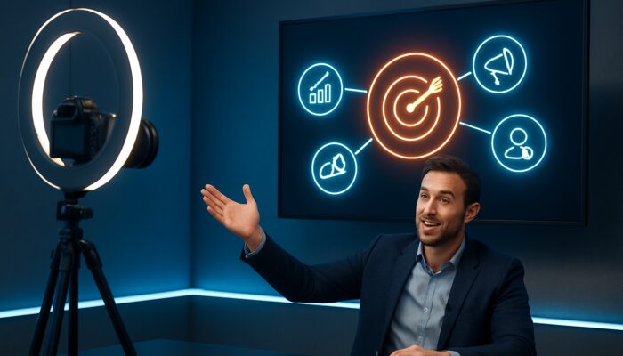 Marketer scripting product demo video in a sleek studio with glowing sales goals icons