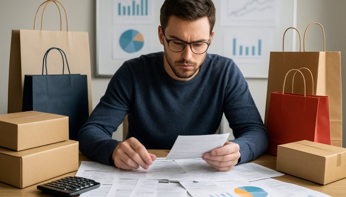 Resetting Your Budget After Overspending: Practical Steps | DCL Individual examining bank statements and receipts surrounded by shopping bags and expenditure charts for budget assessment
