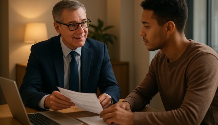 UK financial advisor supporting gig worker through debt consolidation documents in modern office