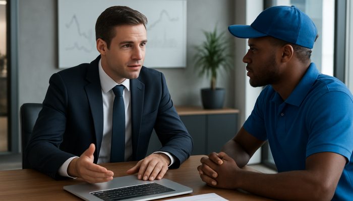 British financial advisor analysing gig earnings charts with delivery driver in modern office for debt consolidation advice