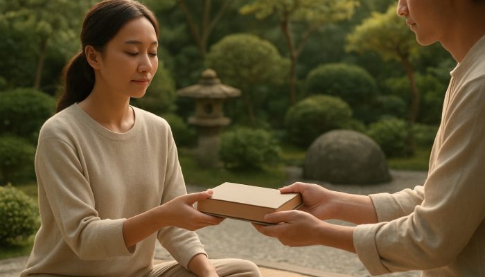 Serene friends exchanging a book in a sunlit zen garden with soft pastel tones.
