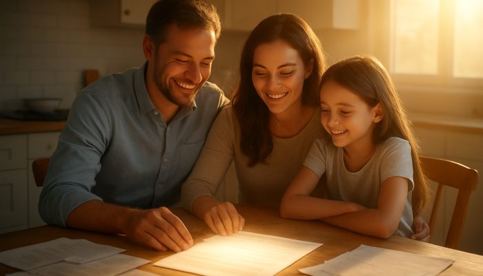 Relieved family reviews refinanced mortgage papers at sunny kitchen table, symbolizing debt relief